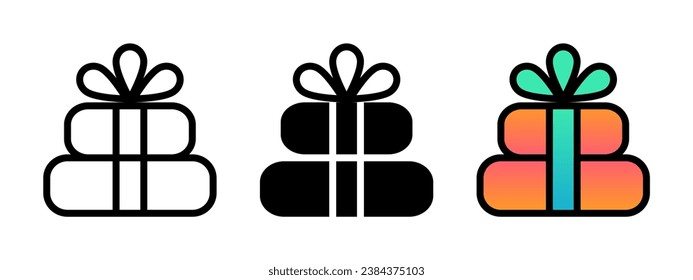 Juego de iconos de moda de la caja de regalo actual. Píxel perfecto, lineal, con contorno editable, sólido plano, color gradiente. Carteles del paquete de celebraciones.
