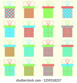 Set of present or gift boxes. Colorful flat vector icons. Bright colors. Celebration concept. Seamless pattern