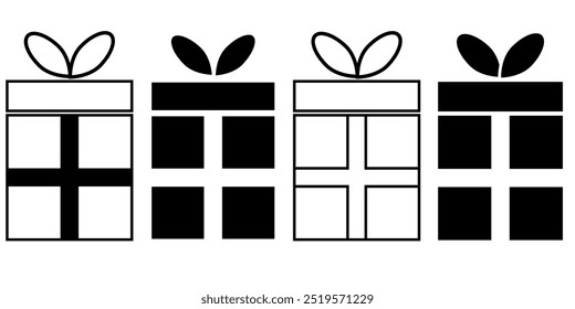 Set of present or gift graphics in black and white and silhouette isolated on white