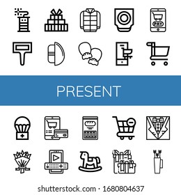 Set of present icons. Such as Firecracker, Label, Gift, Chocolate egg, Winter, Mittens, Trackball, Shopping cart, Airdrop, Flower bouquet, Entertainment, Cracker , present icons