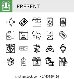 Set of present icons such as Gift, Bow, Coupon, Shopping cart, Price tag, Mittens, Air hockey, Tag, Cracker, Flower bouquet, Mistletoe, Confetti, Wedding gift , present