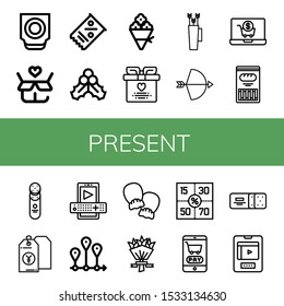 Set of present icons. Such as Trackball, Gift, Coupon, Mistletoe, Flower bouquet, Wedding gift, Bow, Shopping cart, Cracker, Price tag, Entertainment, Timeline , present icons