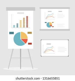 Set of presentation boards. White marker board, chalkboard, screen, flipchart, billboard, placard. Vector isolated illustration