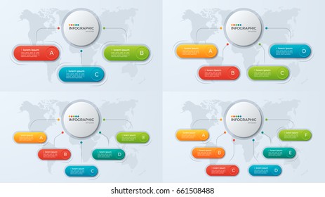 Set of presentation business infographic templates with 3-6 options. Vector illustration.