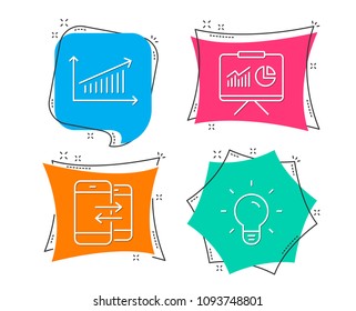 Set of Presentation, Chart and Phone communication icons. Light bulb sign. Board with charts, Presentation chart, Incoming and outgoing calls. Lamp energy.  Flat geometric colored tags. Vivid banners