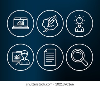 Set of Presentation, Education and Ð¡opyright chat icons. File, Online statistics and Search signs. Education board, Human idea, Speech bubble. Paper page, Computer data, Magnifying glass. Vector