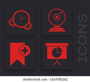 Set Presentation financial board with graph, schedule, chart, diagram, infographic, pie graph, Time Management, Web camera and Bookmark icon. Vector
