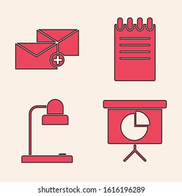 Set Presentation financial board with graph, schedule, chart, diagram, infographic, pie graph, Envelope, Notebook and Table lamp icon. Vector