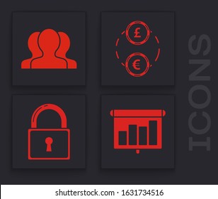 Set Presentation financial board with graph, schedule, chart, diagram, infographic, pie graph, Users group, American Football ball and helmet and Lock icon. Vector