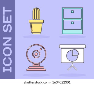 Set Presentation financial board with graph, schedule, chart, diagram, infographic, pie graph, Cactus and succulent in pot, Web camera and Archive papers drawer icon. Vector