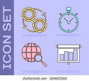 Set Presentation financial board with graph, schedule, chart, diagram, infographic, pie graph, Gear and arrows as workflow process concept, Magnifying glass with globe and Stopwatch icon. Vector