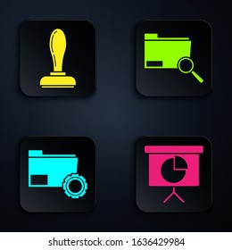Set Presentation financial board with graph, schedule, chart, diagram, infographic, pie graph, Stamp, Folder settings with gears and Search concept with folder. Black square button. Vector