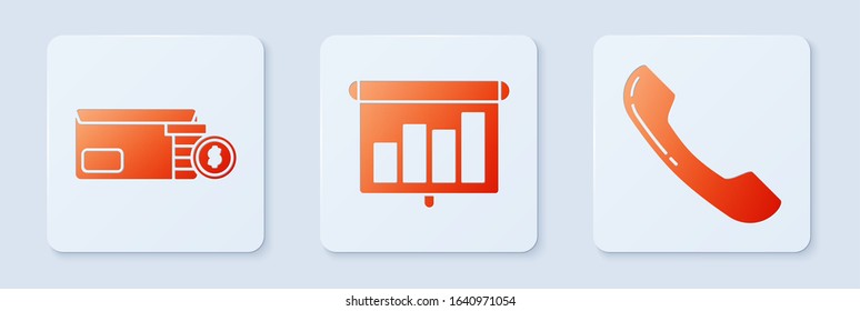 Set Presentation financial board with graph, schedule, chart, diagram, infographic, pie graph, Bright stadium lights and Telephone handset. White square button. Vector