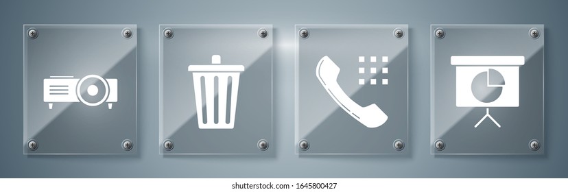 Set Presentation financial board with graph, schedule, chart, diagram, infographic, pie graph, Telephone handset, Trash can and Presentation, movie, film, media projector. Square glass panels. Vector