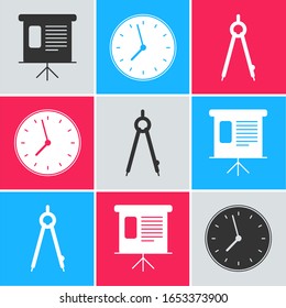 Set Presentation financial board with graph, schedule, chart, diagram, infographic, pie graph, Clock and Drawing compass icon. Vector