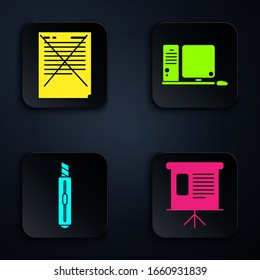 Set Presentation financial board with graph, schedule, chart, diagram, infographic, pie graph, Exam paper with incorrect answers survey, Stationery knife and Computer monitor with keyboard and mouse