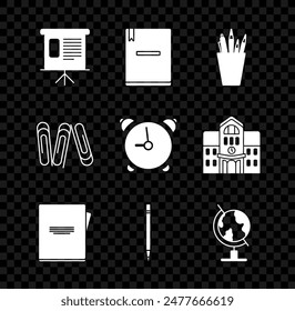 Set Presentation financial board with graph, schedule, chart, diagram, infographic, pie graph, Notebook, Pencil case stationery, eraser, Earth globe, Paper clip and Alarm clock icon. Vector