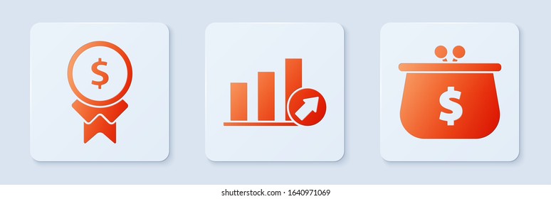 Set Presentation financial with graph, schedule, chart, diagram, infographic, pie graph, Reward for good work and Wallet with dollar symbol. White square button. Vector