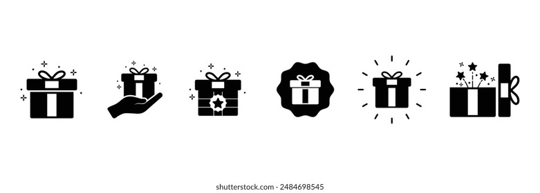 Set of presentation Gift box icon. Present gift box tied, open, and sparkle for birthday, valentine, wedding party, gift symbol. Vector Illustration.