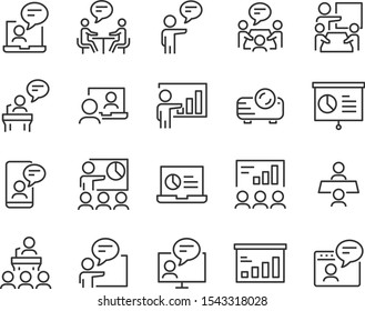 set of presentation icons, meeting, seminar, teamwork, training, presentation