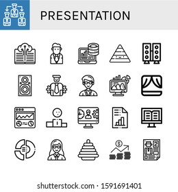 Set of presentation icons. Such as Manage, Digital, Businessman, Analytics, Pyramid, Speaker, Management, Teacher, Office, Stage, Web analytics, Podium, Computer , presentation icons