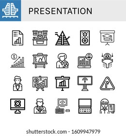 Set of presentation icons. Such as Population, Analytics, Office, Pyramid, Speaker, Blackboard, Bar chart, Presentation, Human resources, Demographic, Businessman , presentation icons