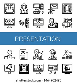 Set of presentation icons such as Stage, Management, Speaker, Diagram, Computer, Projector, Coach, Meeting, Podium, Business, Statistics, Teacher, Presentation , presentation