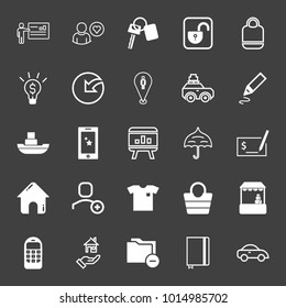 set of presentation, key, business idea, location, travel, pencil, yacht, chart, umbrella, agreement, house, cellphone, t-shirt, bag, shop, house, bookmark, car, chart, add account, arrow vector icon