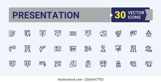 Set of Presentation line icons. Featuring teamwork, brainstorm, speaker, team, visual, communication and more. Icons for UI. Outline and solid pictogram.