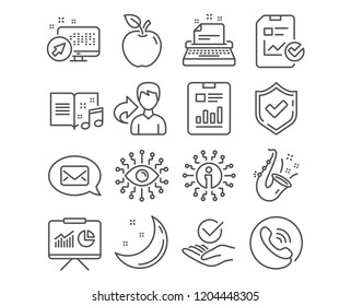 Set of Presentation, Messenger and Jazz icons. Report checklist, Artificial intelligence and Typewriter signs. Report document, Music book and Approved symbols. Apple, Moon and stars. Vector