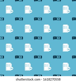 Set Presentation, movie, film, media projector and Document with minus on seamless pattern. Vector