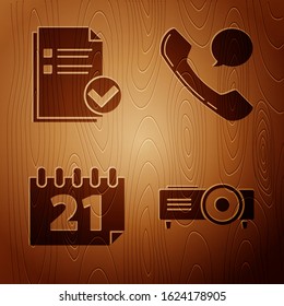 Set Presentation, movie, film, media projector, Document and check mark, Calendar and Telephone handset and speech bubble chat on wooden background. Vector