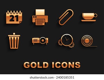 Set Presentation, movie, film, media projector, Coffee cup flat, Scotch, Time Management, Trash can, Paper clip, Calendar and Printer icon. Vector