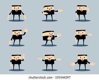 Set of presentation office and business man, Black suit with red necktie, Cute cartoon flat design vector