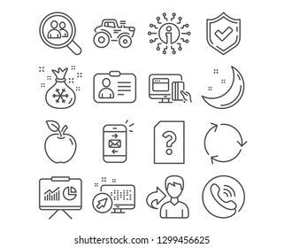 Set of Presentation, Search employees and Online payment icons. Recycling, Santa sack and Unknown file signs. Tractor, Mail and Id card symbols. Board with charts, Staff analysis, Money. Vector