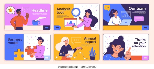 Set of Presentation and slide layout. Colorful templates for business. Team, data analysis and advertising. Flyers with male and female. Cartoon flat vector collection isolated on pink background