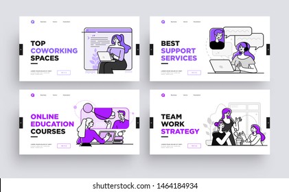 Set of Presentation slide templates or landing page websites design. Business concept illustrations. Modern flat outline style.