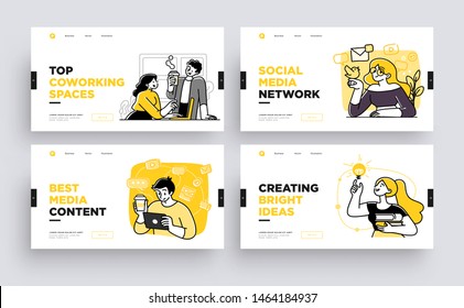 Set of Presentation slide templates or landing page websites design. Business concept illustrations. Modern flat outline style.