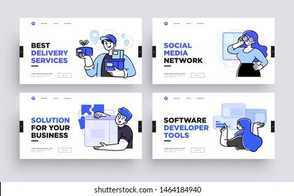 Set of Presentation slide templates or landing page websites design. Business concept illustrations. Modern flat outline style.