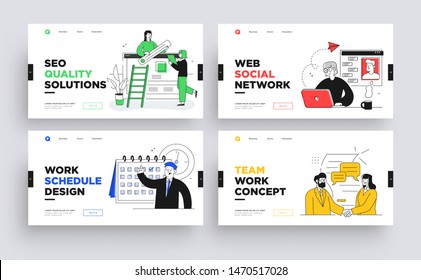 Set of Presentation slide templates or landing page websites design. Business concept illustrations. Modern flat outline style.