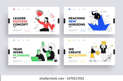 Set of Presentation slide templates or landing page websites design. Business concept illustrations. Modern flat outline style.