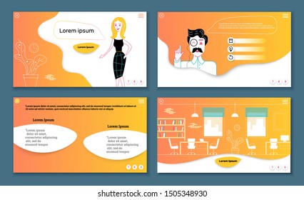 Set of Presentation slide templates or landing page websites design. Business concept illustrations. Modern flat outline style.Timeline theme presentation leadership. Office location.Leader company
