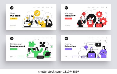 Set of Presentation slide templates or landing page websites design. Business concept illustrations. Modern flat outline style.