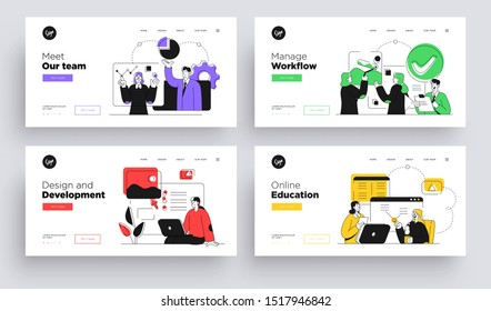 Set of Presentation slide templates or landing page websites design. Business concept illustrations. Modern flat outline style.