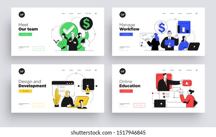 Set of Presentation slide templates or landing page websites design. Business concept illustrations. Modern flat outline style.