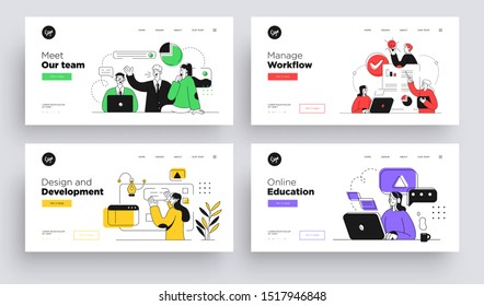 Set of Presentation slide templates or landing page websites design. Business concept illustrations. Modern flat outline style.