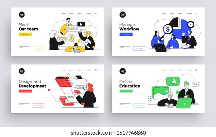 Set of Presentation slide templates or landing page websites design. Business concept illustrations. Modern flat outline style.