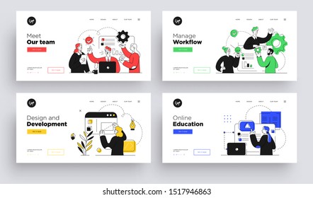 Set of Presentation slide templates or landing page websites design. Business concept illustrations. Modern flat outline style.