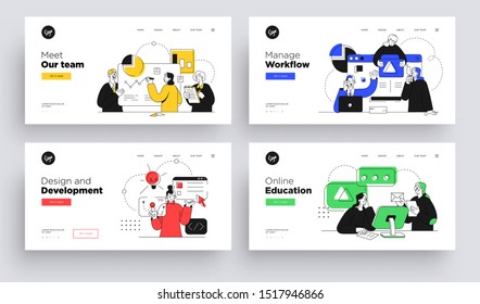 Set of Presentation slide templates or landing page websites design. Business concept illustrations. Modern flat outline style.