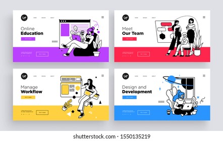 Set of Presentation slide templates or landing page websites design. Different business concept illustrations. Modern outline style.